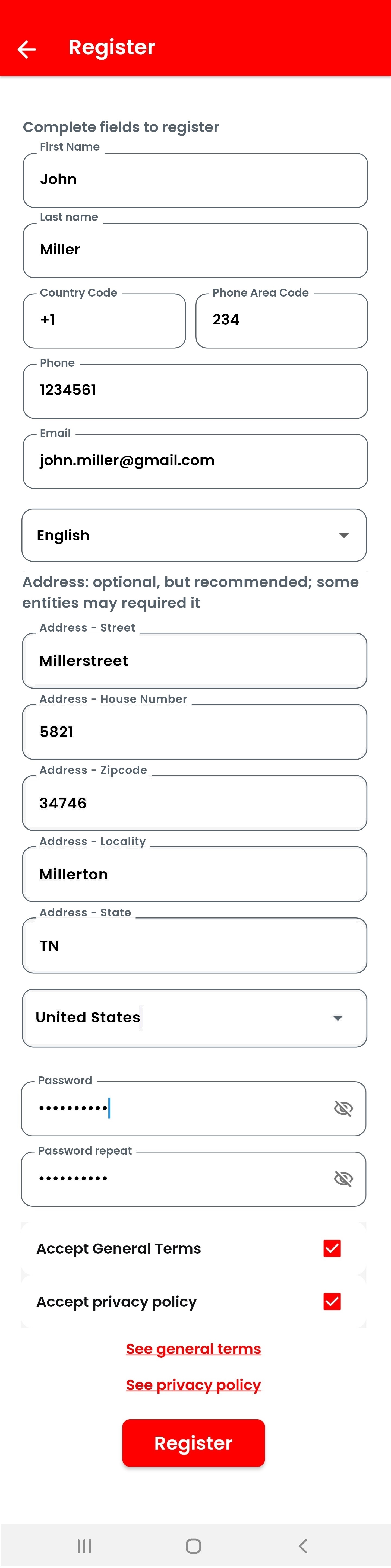 Registration form filled out