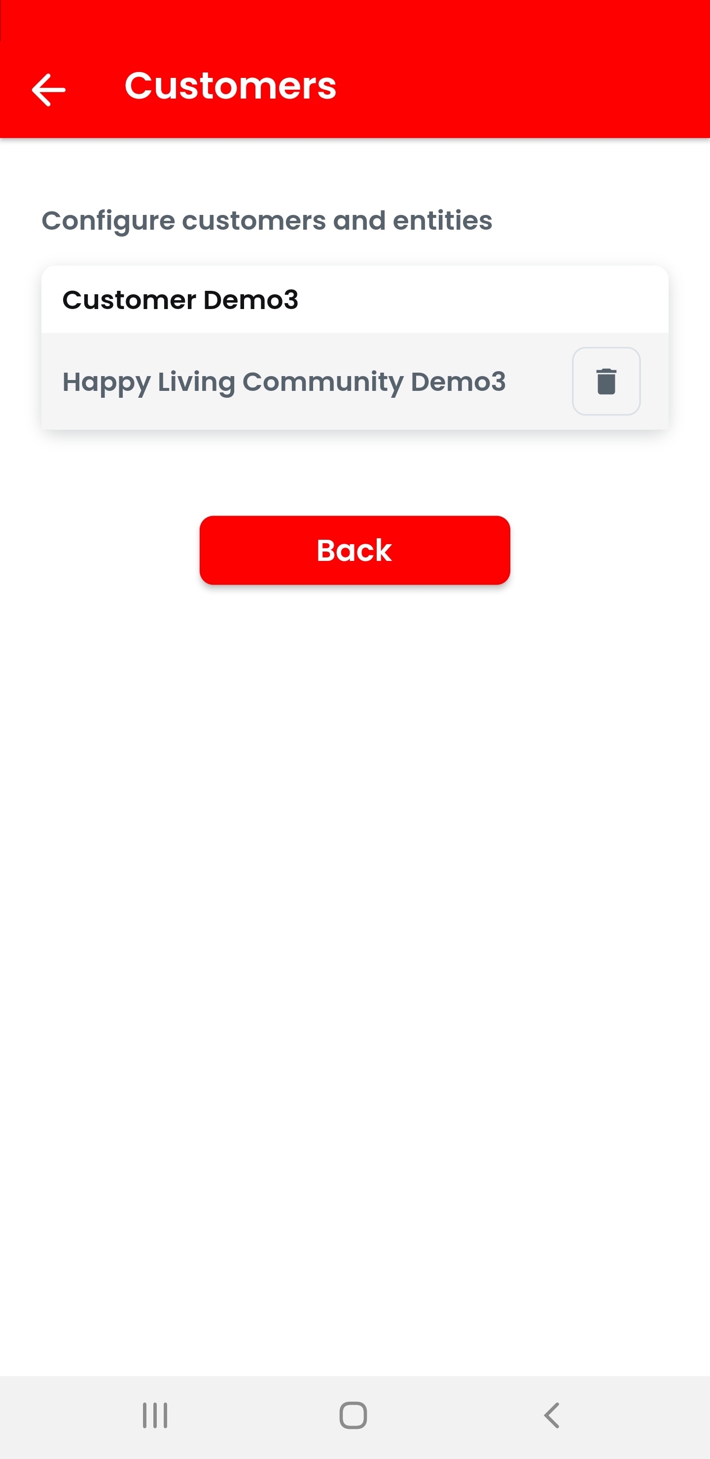 Settings customers screen